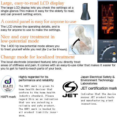 Large, easy-to-read LCD display / A control panel is easy for anyone to use / Nice and easy treatment in low-potential mode / Change mode for localized treatmen
